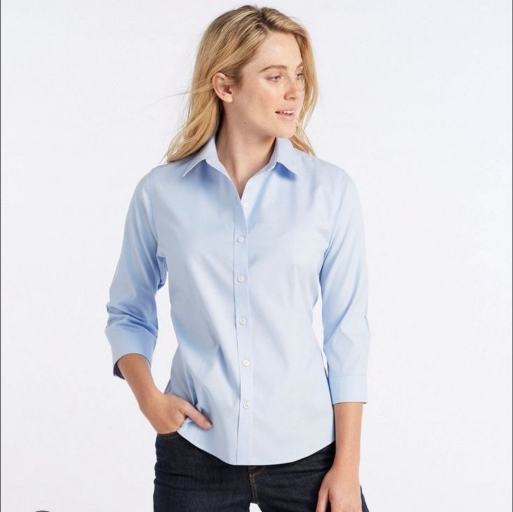 Lands' End Sky Blue Tailored Button Up Blouse 3/4 Cuff Sleeve
